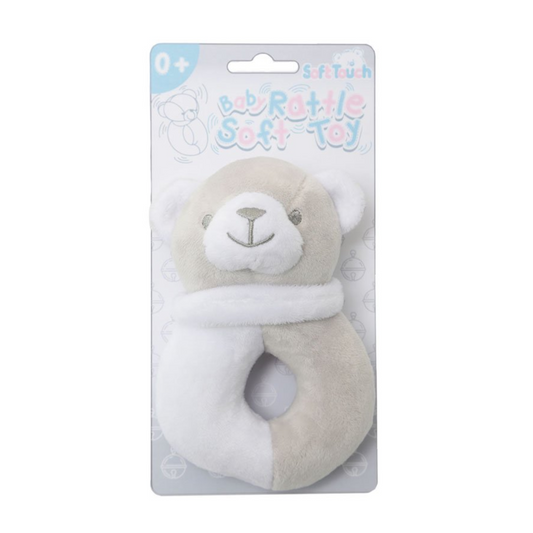Soft Touch Grey & White Bear Rattle Soft Toy  - Suitable 0 Months+