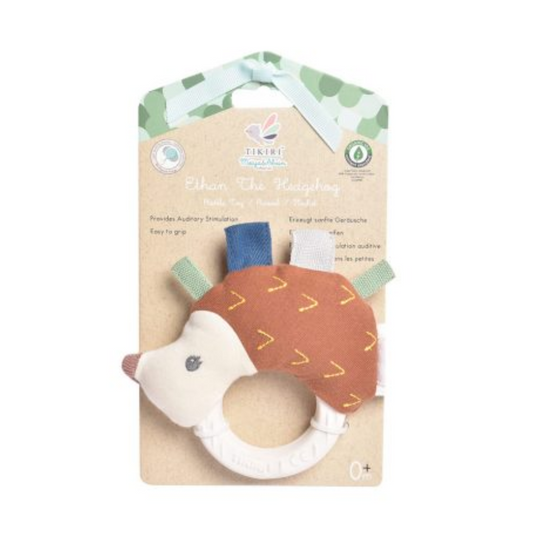 Tikiri Ethan The Hedgehog Plush Rattle with Natural Rubber Teether - Suitable From Birth