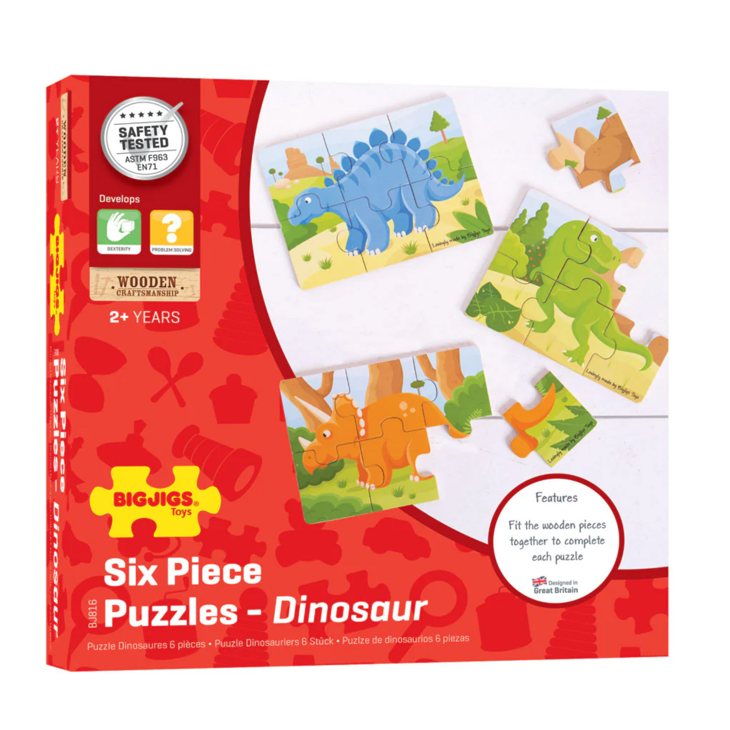 Bigjigs Toys Dinosaur 6 Piece Puzzles - 3 Puzzles - Suitable 2 Years +